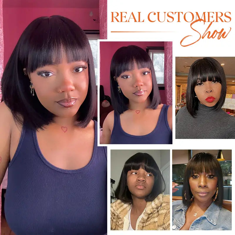 Peluca de cabello humano liso corto bob #1B con flequillo 