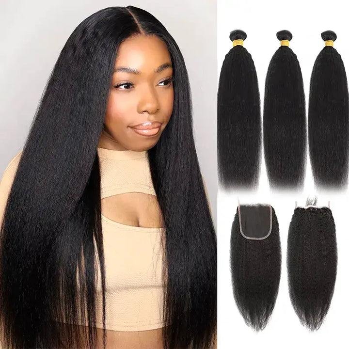 Lot de 3 mèches de cheveux crépus lisses avec fermeture en dentelle transparente 4x4 