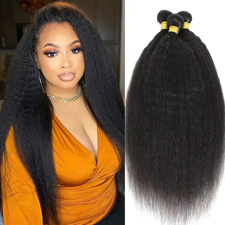 Lot de 3 tissages de cheveux humains vierges crépus et lisses Beliana, couleur noire naturelle 