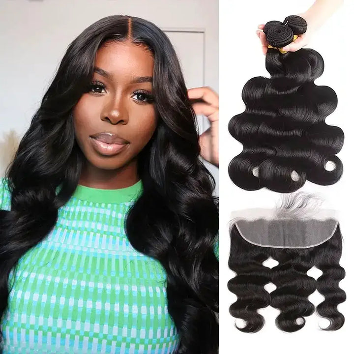 Lot de 3 tissages de cheveux humains Body Wave avec dentelle frontale transparente 13x4 