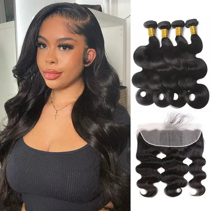 4 paquetes de cabello humano virgen con ondas corporales y encaje frontal transparente de 13 x 4 