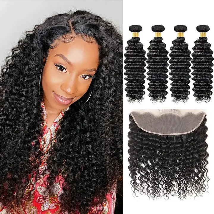 Paquetes de 4 extensiones de ondas profundas con encaje frontal transparente de 13 x 4 y línea de cabello natural 