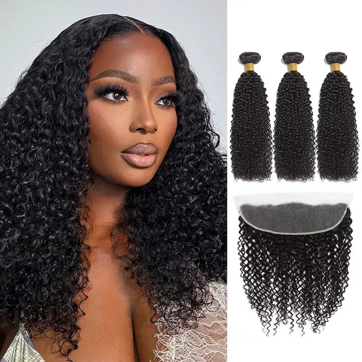 Lot de 3 mèches Jerry Curly avec dentelle frontale 13x4, cheveux naturels pré-épilés 