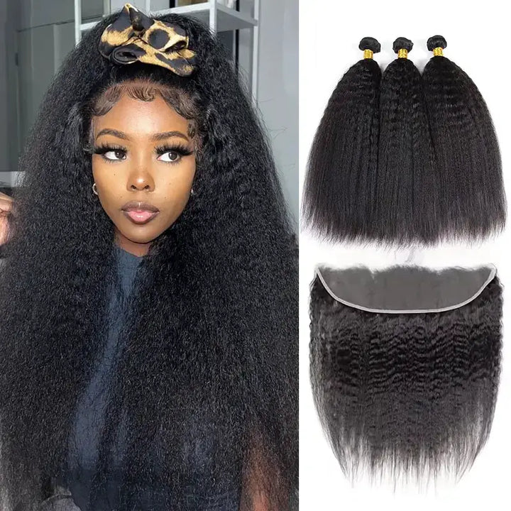 Lot de 3 mèches de cheveux humains crépus lisses avec dentelle frontale transparente 13x4 