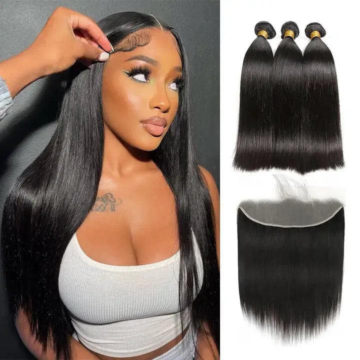 Cabello virgen liso, 3 mechones con encaje frontal transparente de 13x4, prearrancado 