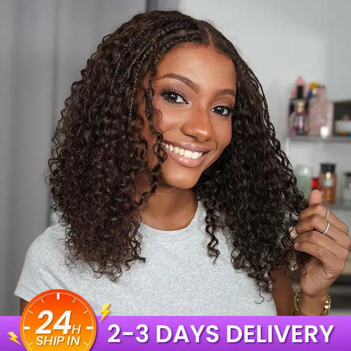 Chocolate Brown Boho Braided Deep Curly Glueless 5x5 Lace Human Hair Wig