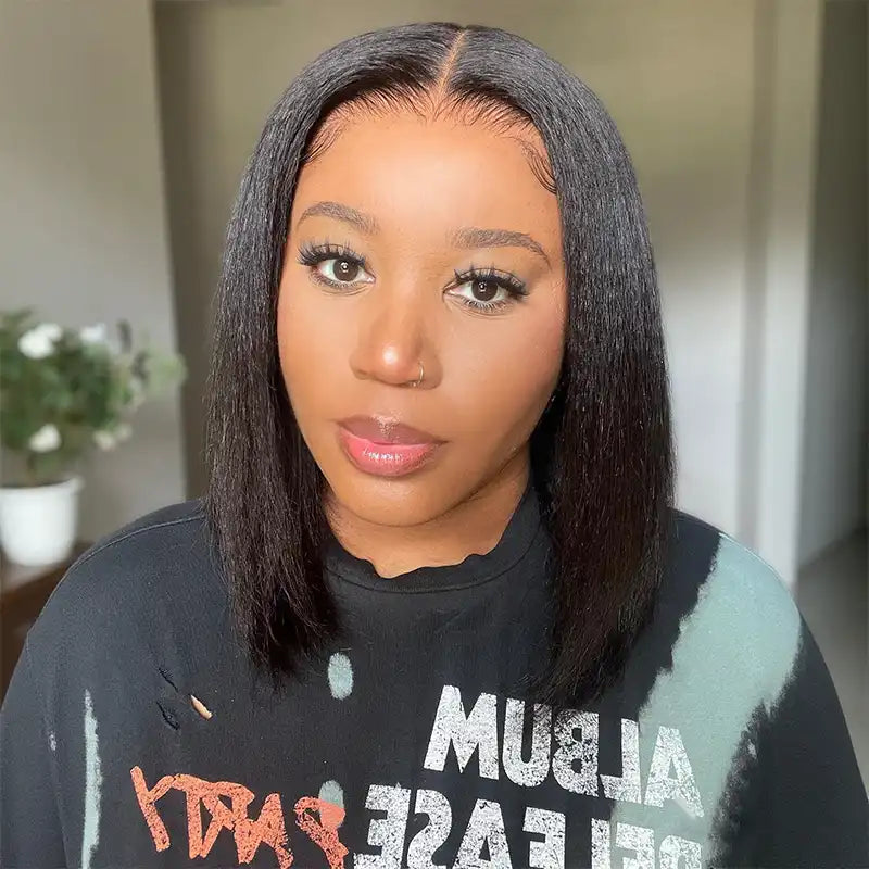 5x5 Lace Yaki Straight Bob Wig Drawstring Glueless Human Hair Wig