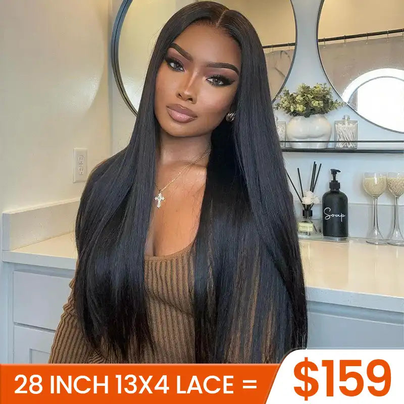 Perruque en cheveux humains lisses avec dentelle frontale transparente 13x4 