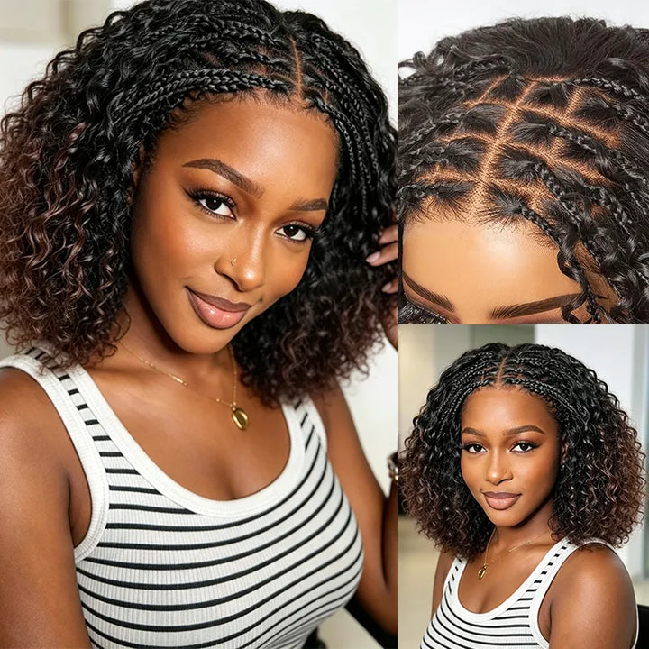 T1B/4 Boho Braided Curly Wig 5x5 HD Lace Drawstring Glueless Human Hair Wig