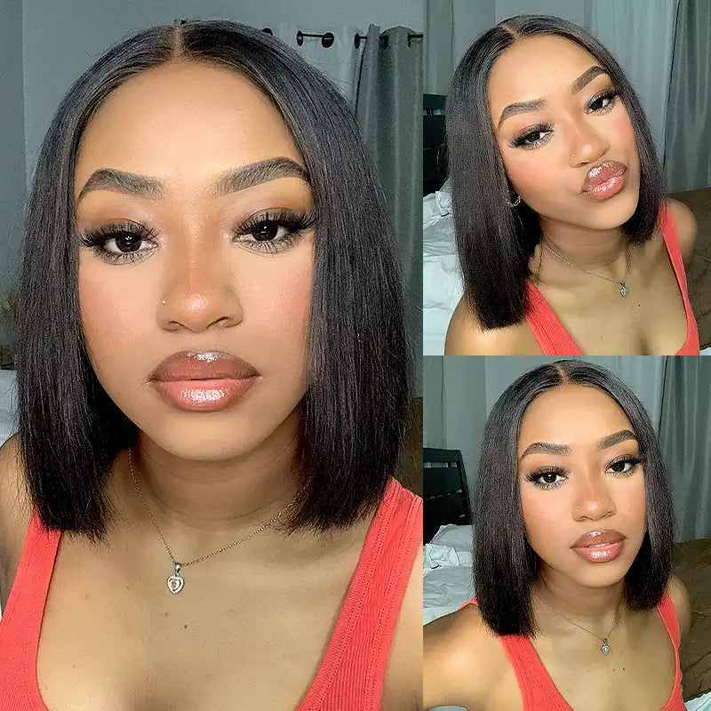 5x5 Lace Yaki Straight Bob Wig Drawstring Glueless Human Hair Wig