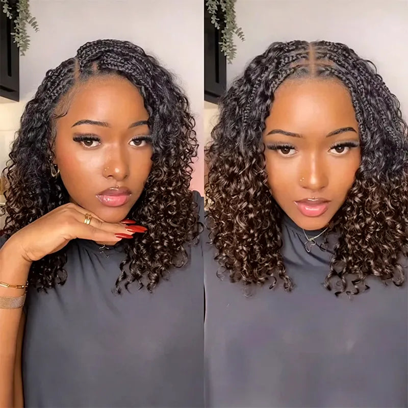 T1B/4 Boho Braided Curly Wig 5x5 HD Lace Drawstring Glueless Human Hair Wig