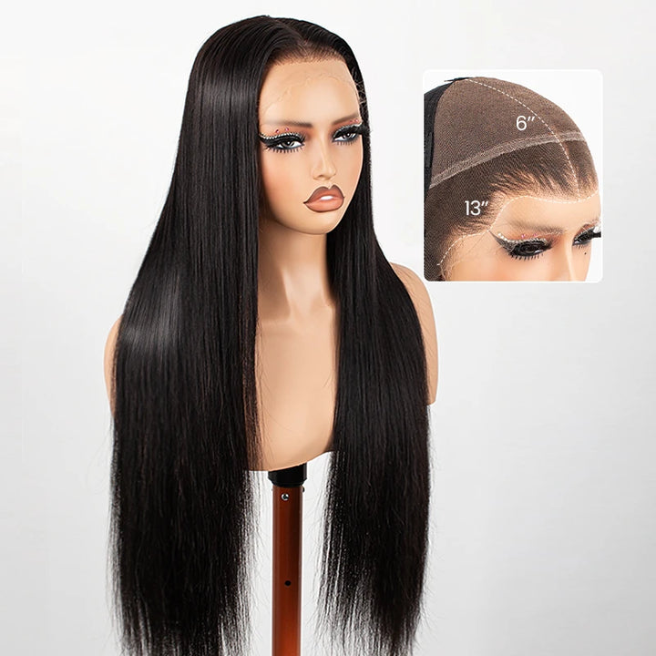 Perruque en cheveux humains lisses avec dentelle frontale transparente 13x4 