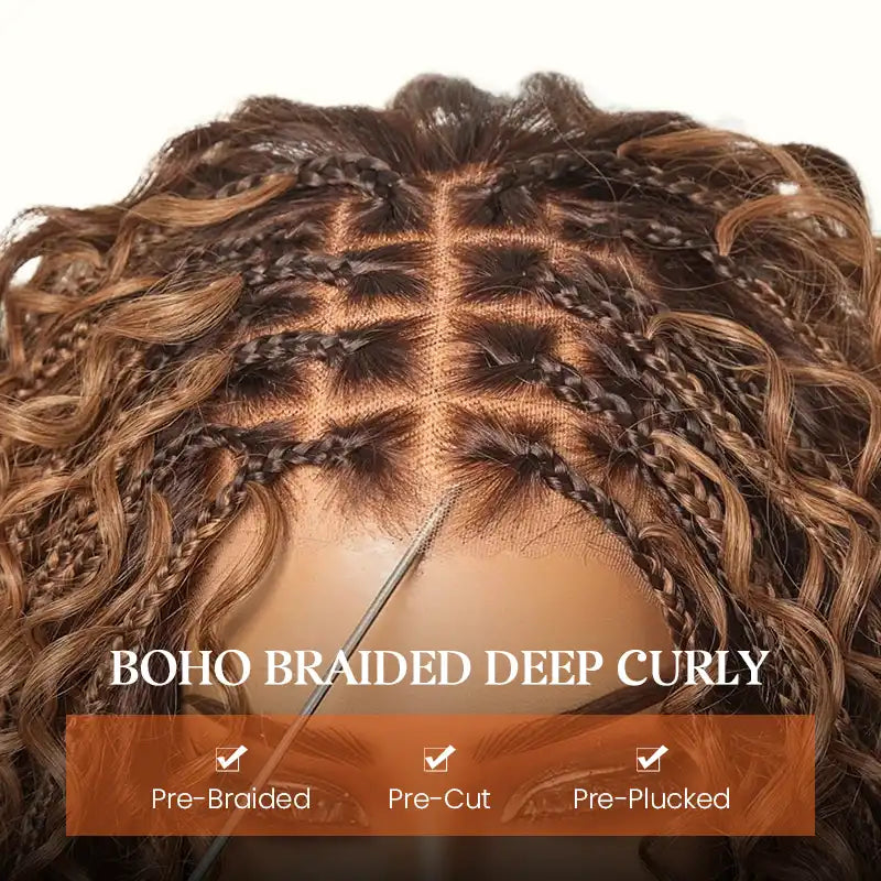 Brown Highlight Boho Braided Curly Wig 5x5 Closure HD Lace Glueless Human Hair Wig