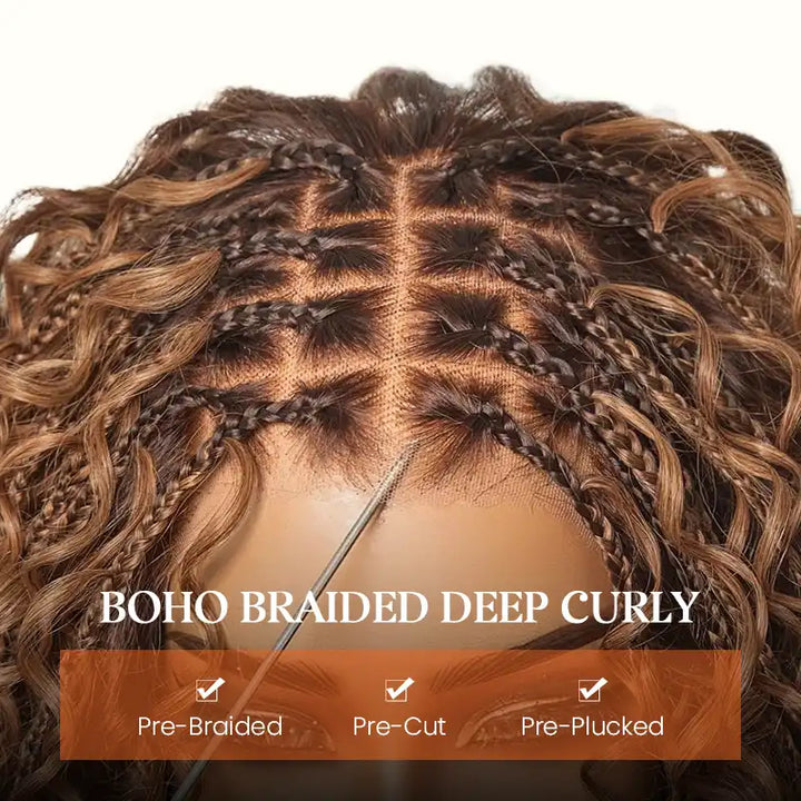 Brown Highlight Boho Braided Curly Wig 5x5 Closure HD Lace Glueless Human Hair Wig