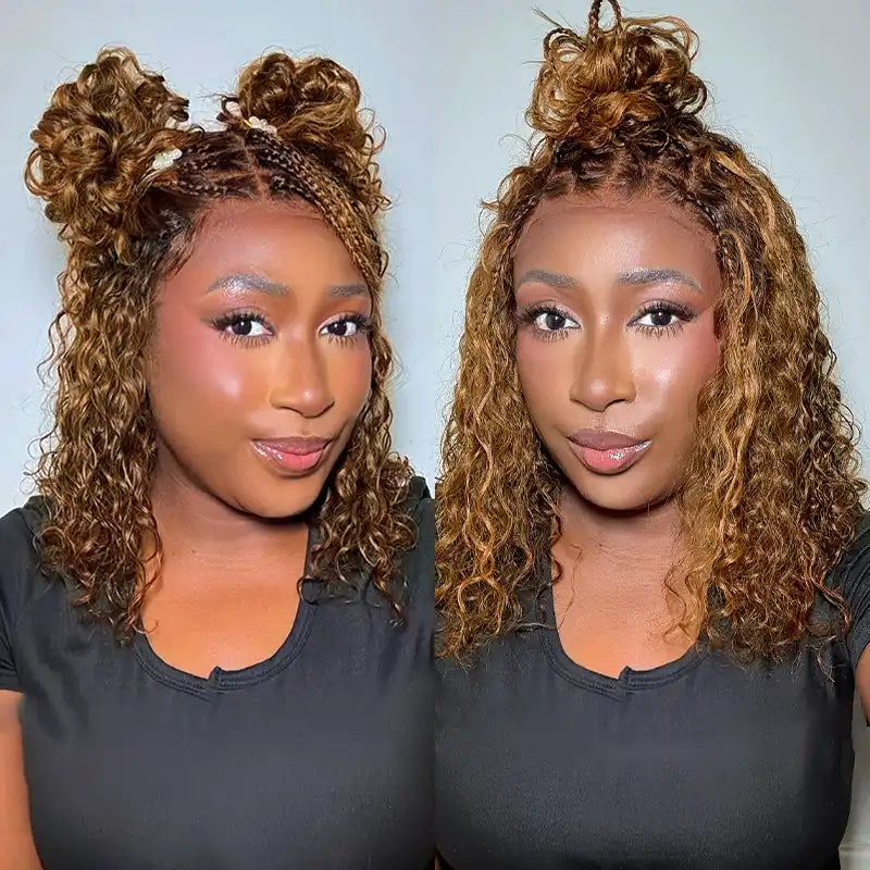 Brown Highlight Boho Braided Curly Wig 5x5 Closure HD Lace Glueless Human Hair Wig
