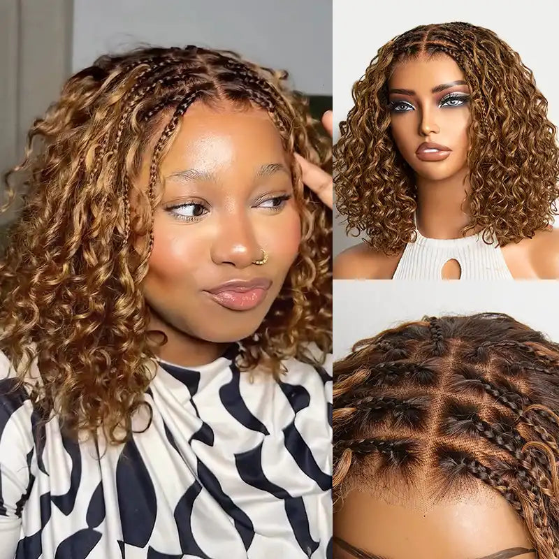 Brown Highlight Boho Braided Curly Wig 5x5 Closure HD Lace Glueless Human Hair Wig