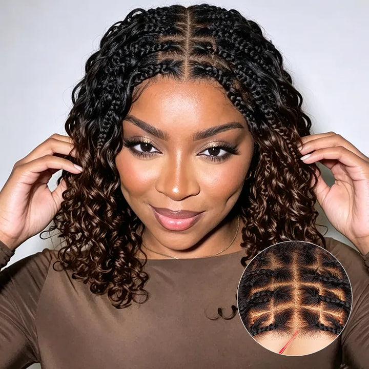 T1B/4 Boho Braided Curly Wig 5x5 HD Lace Drawstring Glueless Human Hair Wig