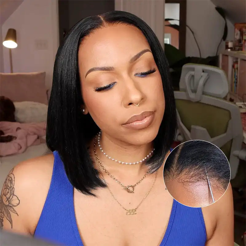 5x5 Lace Yaki Straight Bob Wig Drawstring Glueless Human Hair Wig