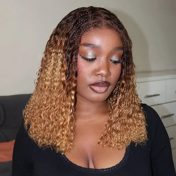 Ombre T4/27 Boho Braided Curly Wig Ready to Wear Glueless 5x5 HD Lace Closure Human Hair Wig