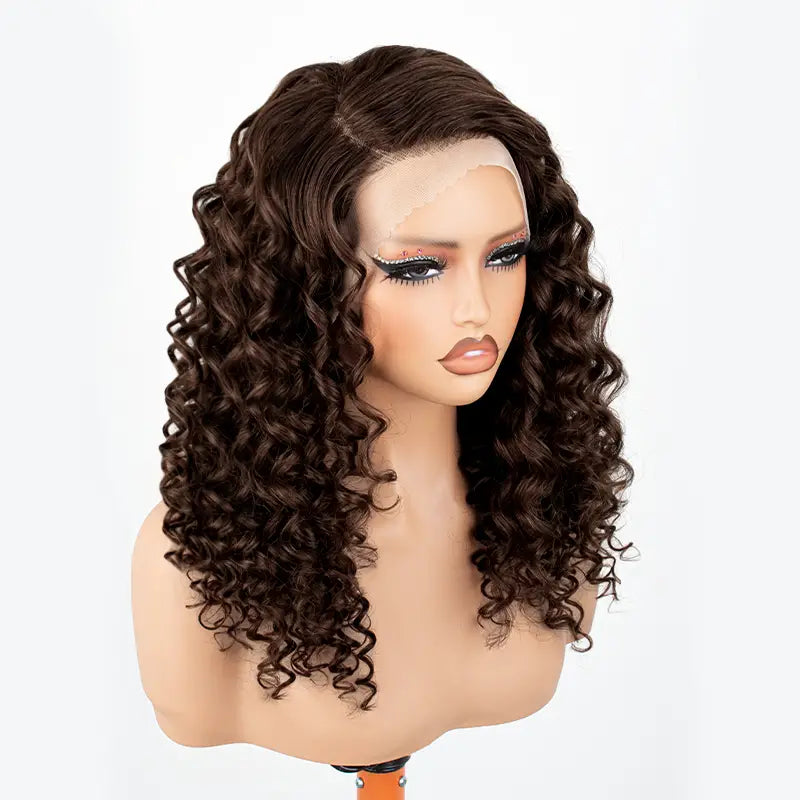 Chocolate Brown Spiral Curly 13x4 Transparent Lace Wig With Natural Hairline