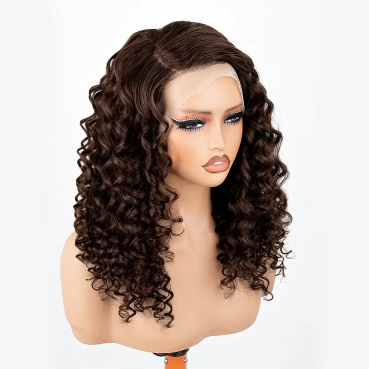 Chocolate Brown Spiral Curly 13x4 Transparent Lace Wig With Natural Hairline