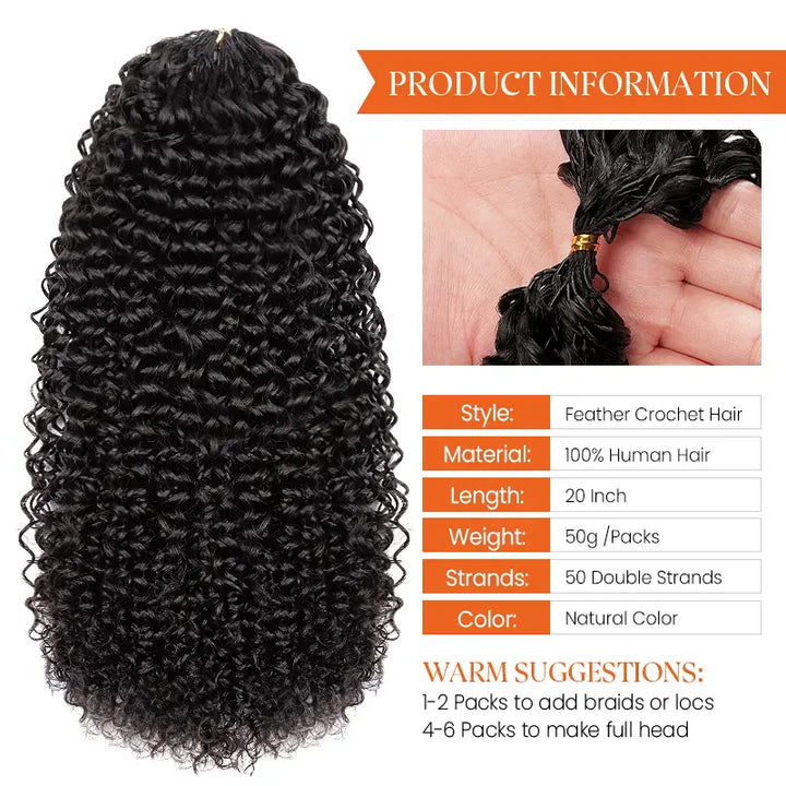 $109 = 3 Bundles | Curly Feather Crochet Human Hair Extensions Pre-Separated Knotless