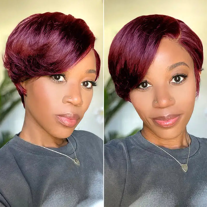 $59 = 2 Wigs | 13x4 Burgundy Lace Front Human Hair Wig & Short 1B Straight Wig with Bang