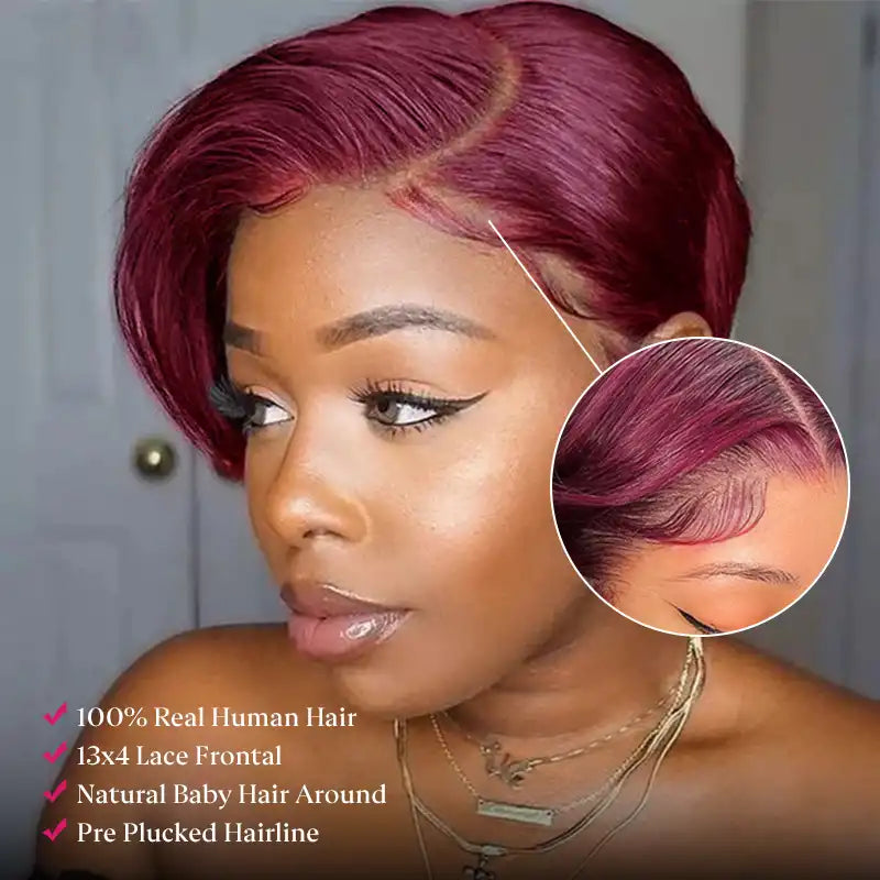 $59 = 2 Wigs | 13x4 Burgundy Lace Front Human Hair Wig & Short 1B Straight Wig with Bang