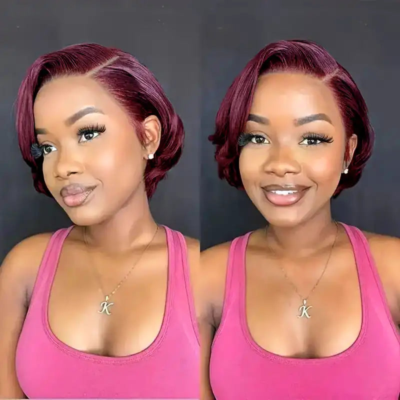 $59 = 2 Wigs | 13x4 Burgundy Lace Front Human Hair Wig & Short 1B Straight Wig with Bang