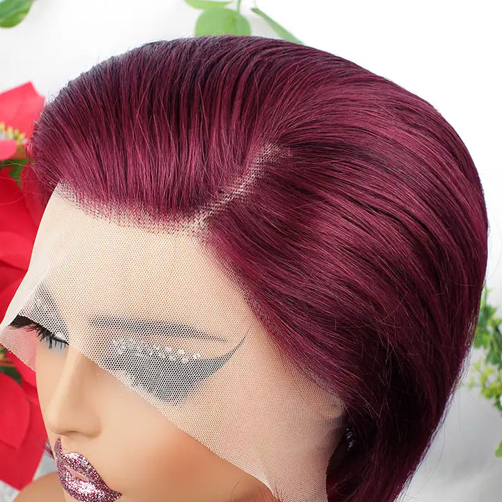 $59 = 2 Wigs | 13x4 Burgundy Lace Front Human Hair Wig & Short 1B Straight Wig with Bang