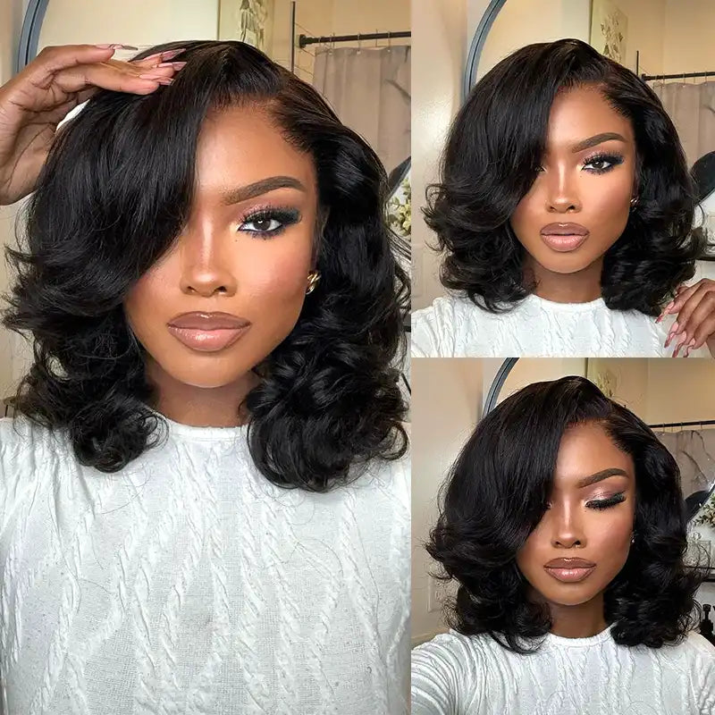 $99 = 2 Wigs | 13x4 Lace Front Roll Hair Wig & Bob Short Human Hair Straight Wig With Bang