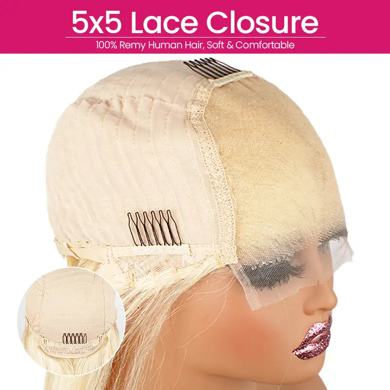 $99 = 2 Wigs | 18" 613 Blonde 5x5 Lace Human Hair Wig & Short 1B Straight Wig with Bang