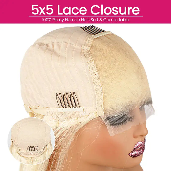 $99 = 2 Wigs | 18" 613 Blonde 5x5 Lace Human Hair Wig & Short 1B Straight Wig with Bang