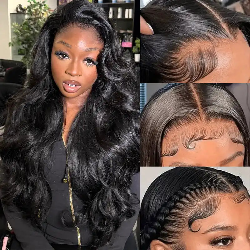 Pelucas frontales de encaje transparente con ondas corporales de 13x4, cabello humano prearrancado 