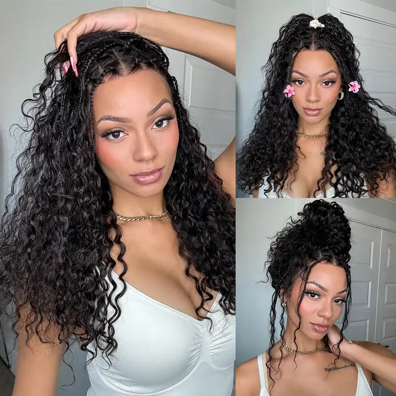 13x6 HD Lace Boho Braided Curly Wig Drawstring Glueless Human Hair Wig