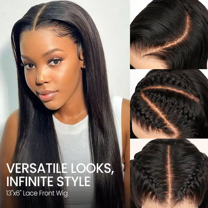 Perruque en cheveux humains lisses avec dentelle frontale transparente 13x4 