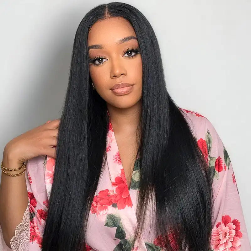 5x5 Lace Yaki Straight Bob Wig Drawstring Glueless Human Hair Wig