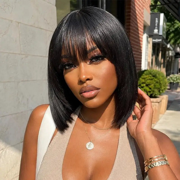 Human Hair Bob Wig with Bangs – Ready to Wear | No Glue, Beginner Friendly