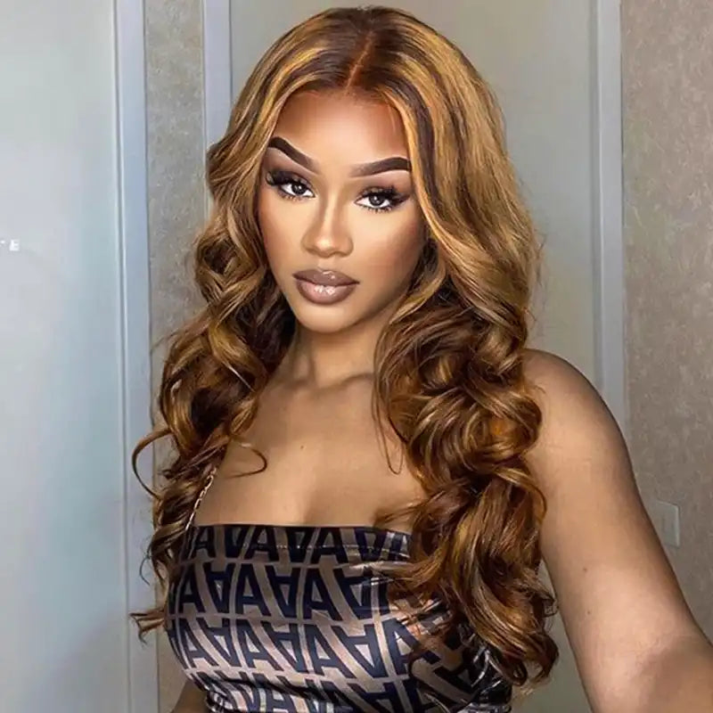 $99 =2 Wigs | 20" Highlight Brown 5x5 Lace Body Wave Wig & Human Hair Bob Wig with Bangs