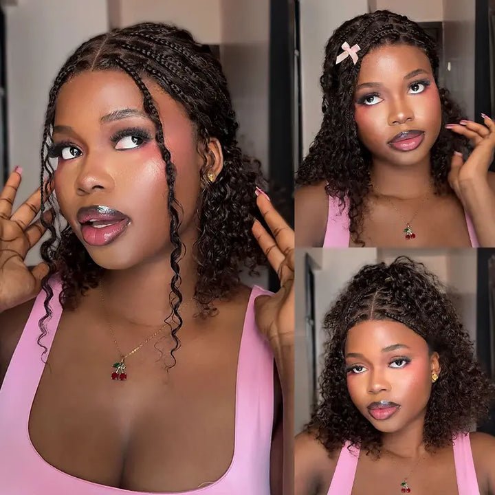 Chocolate Brown Boho Braided Deep Curly Glueless 5x5 Lace Human Hair Wig