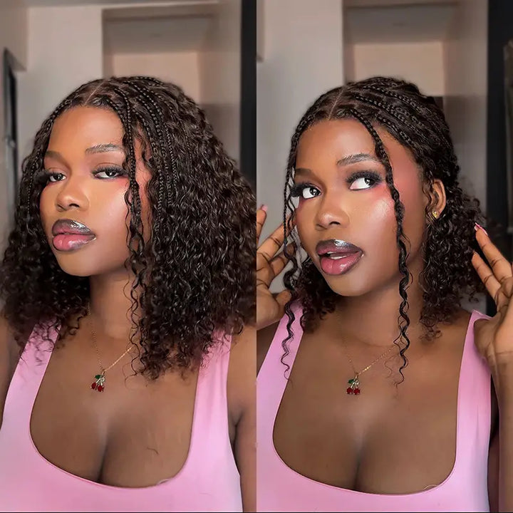 Chocolate Brown Boho Braided Deep Curly Glueless 5x5 Lace Human Hair Wig