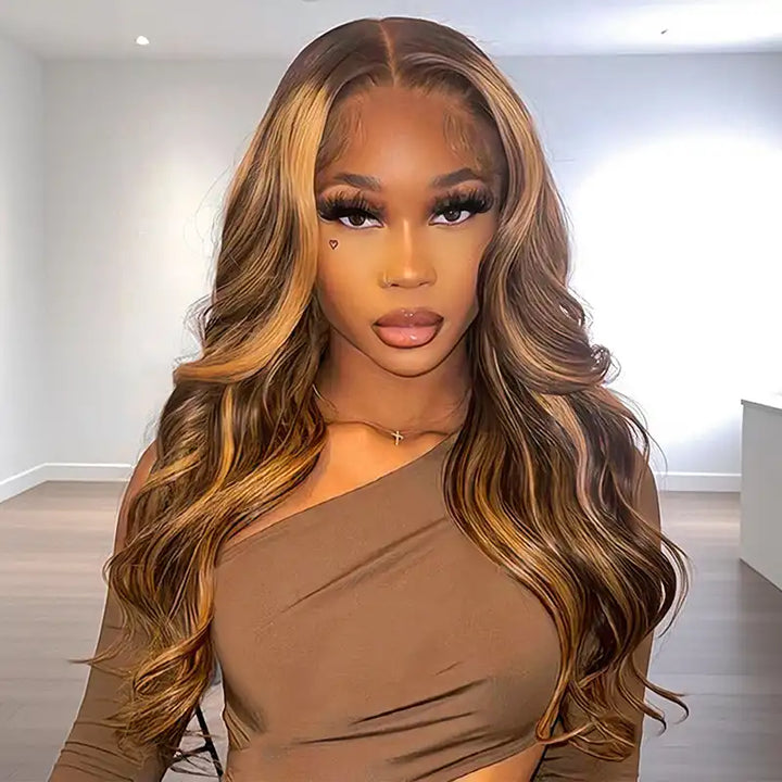 $99 =2 Wigs | 20" Highlight Brown 5x5 Lace Body Wave Wig & Human Hair Bob Wig with Bangs