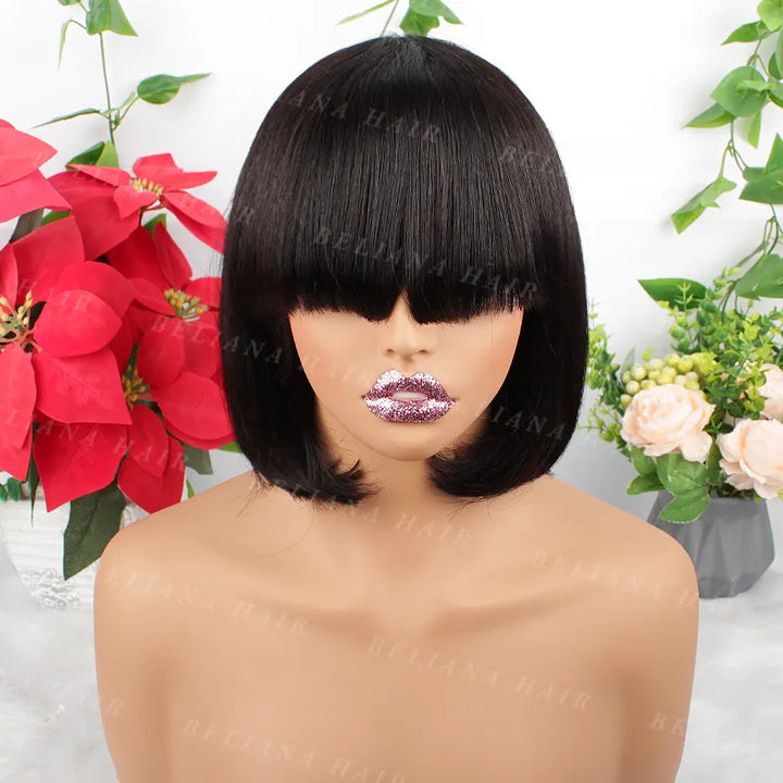 #1B Bob Short Human Hair Straight Wig With Bang