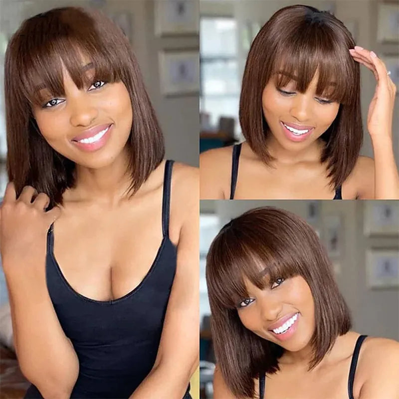 Chocolate Brown Bob Short Straight Human Hair Wig With Bang