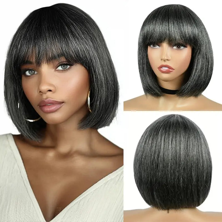 Perruque courte en cheveux humains raides avec frange #1B 