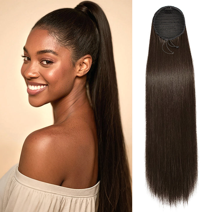 Extensión de cabello humano con cola de caballo recta y rizada con cordón para mujeres 