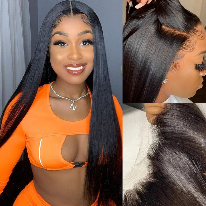 Perruque en cheveux humains lisses avec dentelle frontale transparente 13x4 