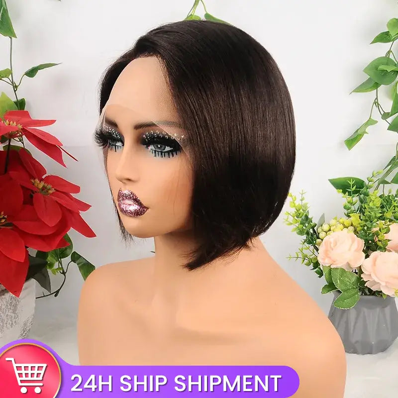 #2 Brownish Black Short Bob Straight Human Hair 13x1 Transparent Lace Front Wig