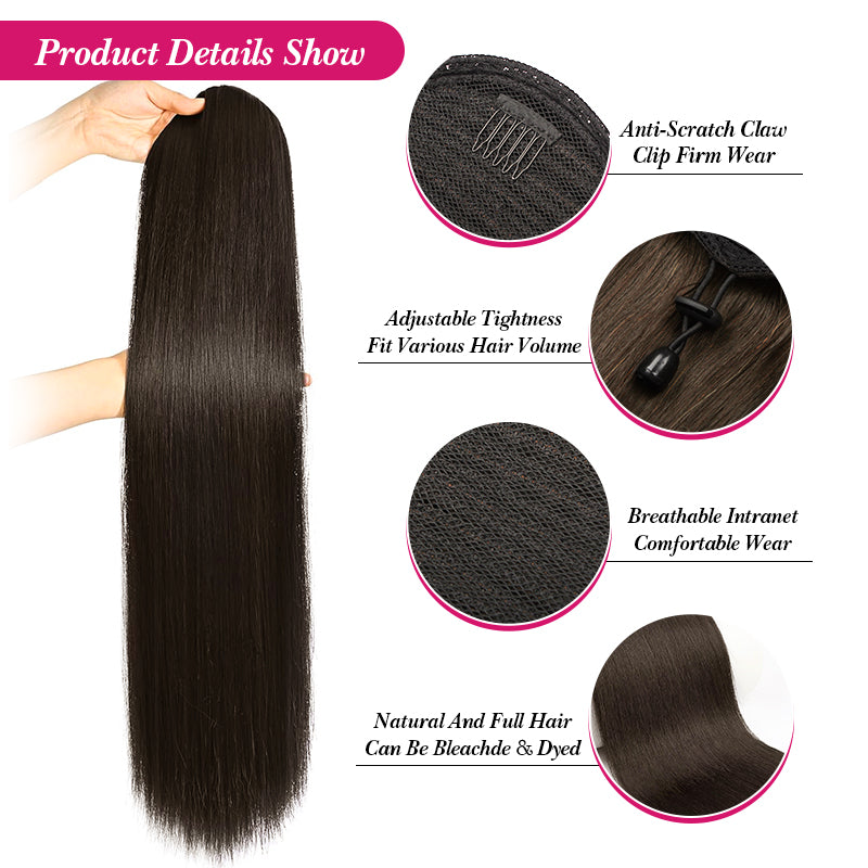 Extensión de cabello humano con cola de caballo recta y rizada con cordón para mujeres 
