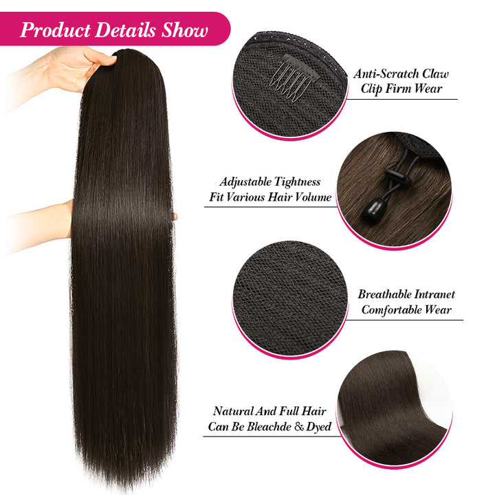 Extensión de cabello humano con cola de caballo recta y rizada con cordón para mujeres 